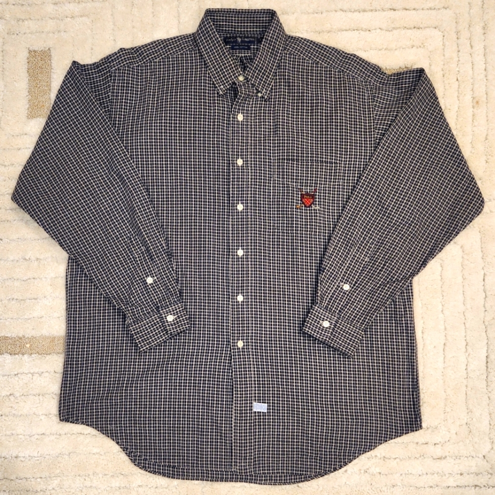 Polo Ralph Lauren Black White Long Sleeve Button Up Shirt Check Mens Lg EUC 0111